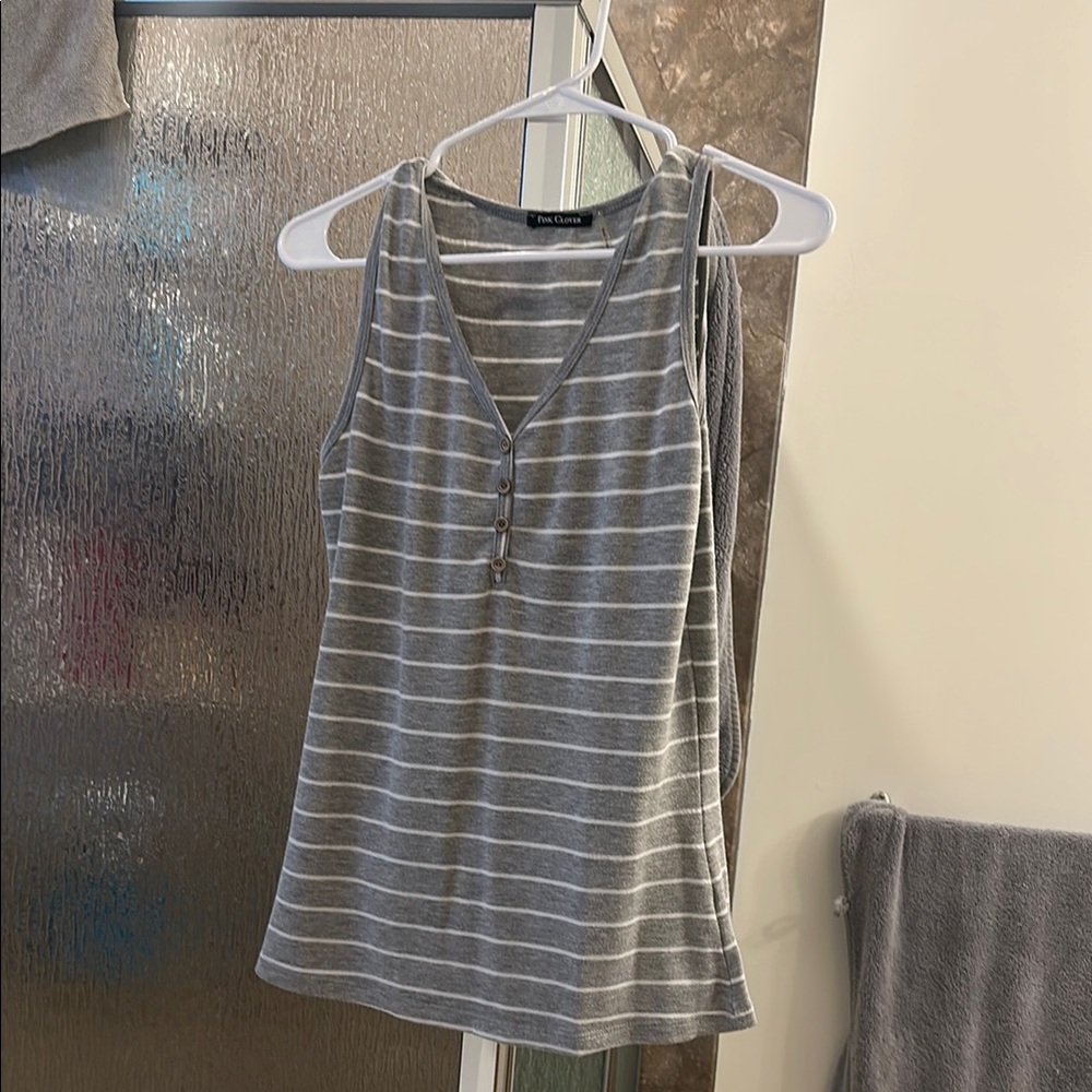 Pink Clover Gray and White Striped Fitted Tank Top